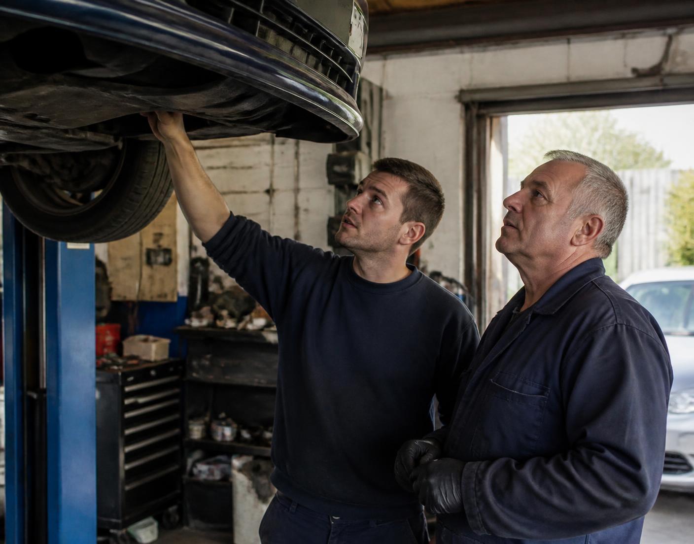 Two mechanics inspecting a vehicle in an independent garage