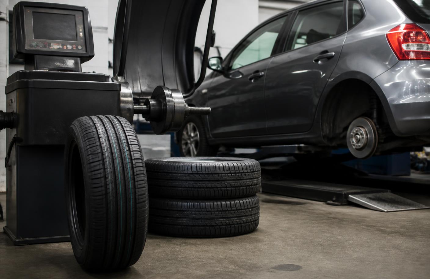 Tyres and wheel balancing equipment in a garage